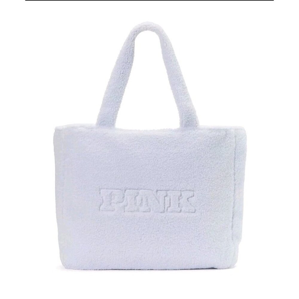 NWT VS PINK BLUE COZY SHERPA FLEECE LOGO ZIPPER TOTE BAG TRAVEL. HL253